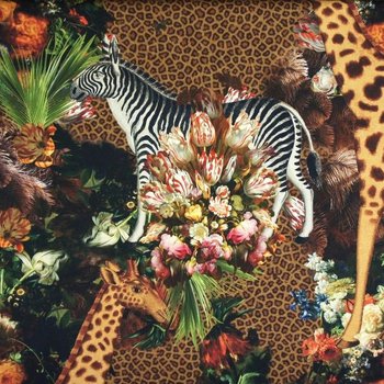 Dekostoff Digitaldruck Kakadu Giraffe Blumenbouquet